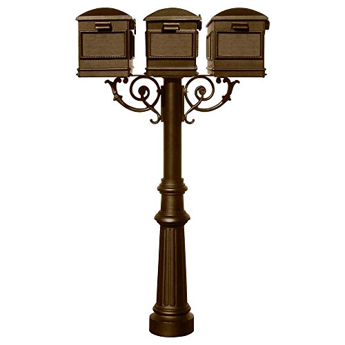 The Hanford TRIPLE Lewiston mailbox post system w/Scroll Supports, Bronze - HPWS3-800-LM-BRZ