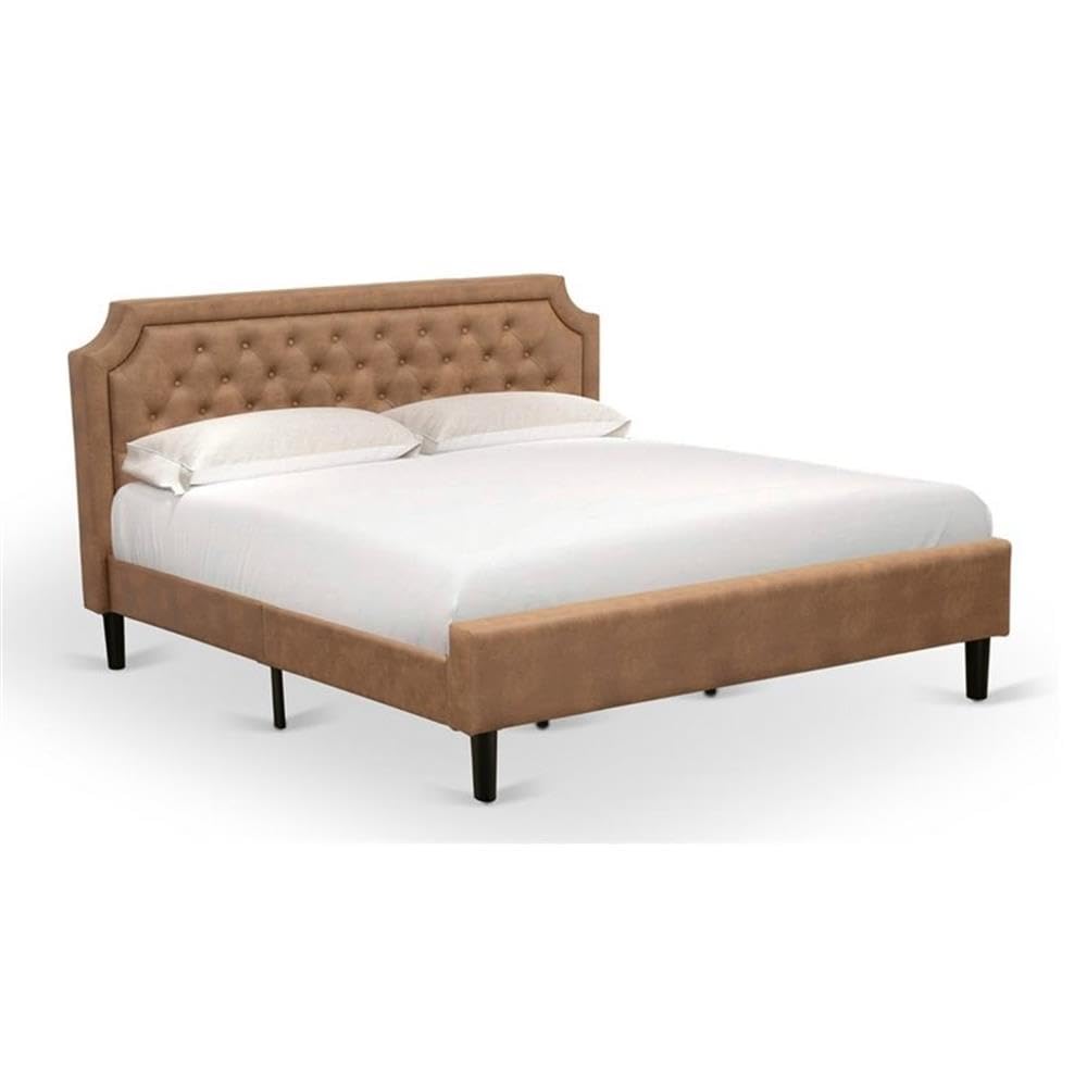East West Furniture GBF-28-K King Size Bed Contains Brown Textured Upholstered Headboard, Footboard and Wood Rails, Slats - Wooden 9 Legs with Full Support King Bed - Black Finish