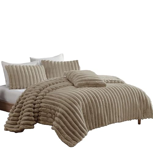 Sieno 4pc King Comforter Set, Taupe Brown Faux Fur, Micro Mink Backing