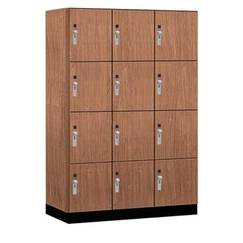 Salsbury 18 Wide Premier Wood Locker-Four Tier-3 Wide-6 Feet High-21” Deep-Red Oak-Silver Hasps