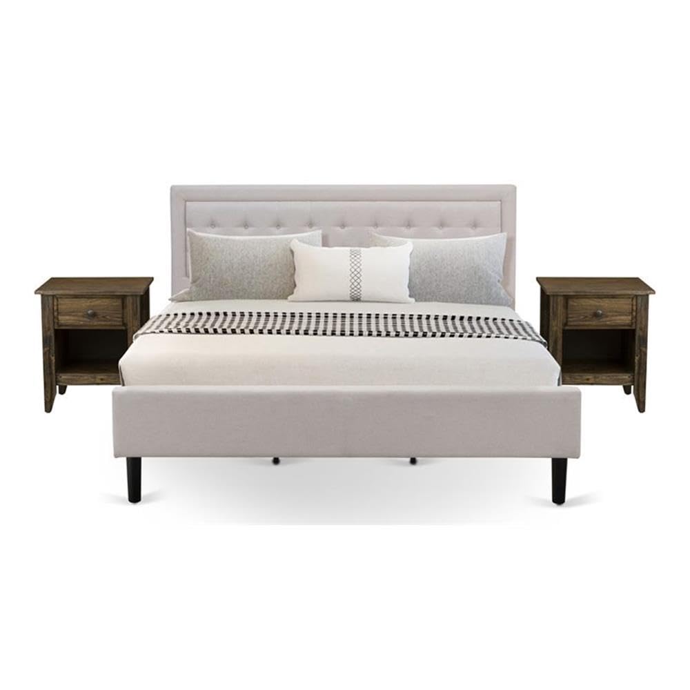 FN08K-2GA07 3-Piece Platform King Size Bedroom Set with 1 Mid Century Bed and 2 Modern Nightstands - Reliable and Sturdy Manufacturing - Mist Beige Linen Fabric