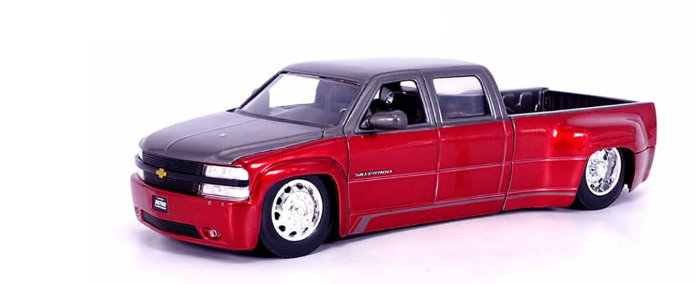 1999 Chevrolet Silverado Dually Pickup Truck Red Metallic and Gray with Stock Wheels Just Trucks Series 1/24 Diecast Model Car by Jada