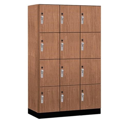 Salsbury 15 Wide Premier Wood Locker-Four Tier-3 Wide-6 Feet High-21” Deep-Red Oak-Silver Hasps