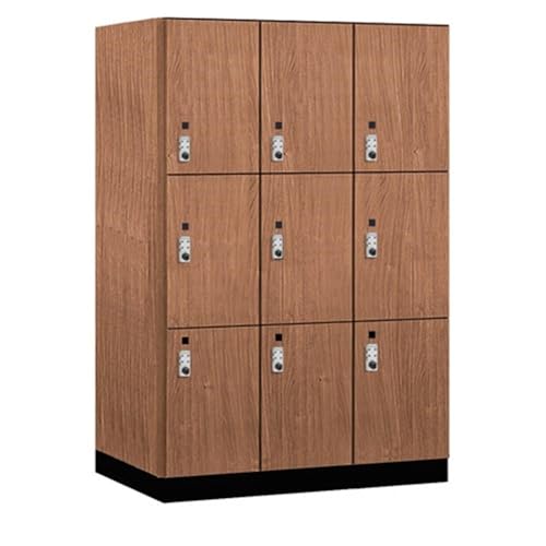 Salsbury 18 Wide Premier Wood Locker-Triple Tier-3 Wide-6 Feet High-24” Deep-Red Oak-Silver Resettable Combination Locks