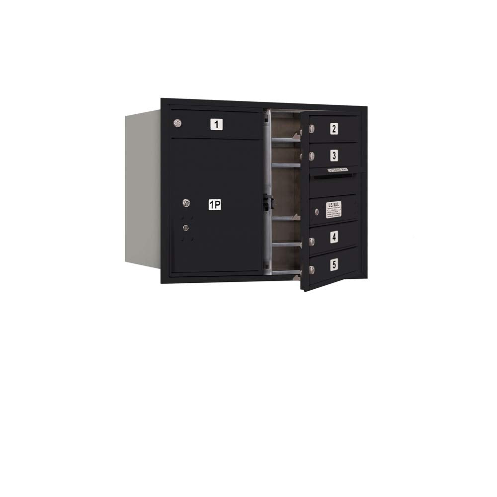 6 Door High Recessed Mounted 4C Horizontal Mailbox with 5 Doors and 1 Parcel Locker in Black with USPS Access - Front Loading