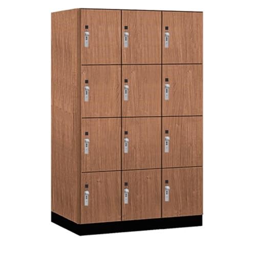 Salsbury 15 Wide Premier Wood Locker-Four Tier-3 Wide-6 Feet High-24” Deep-Red Oak-Silver Hasps