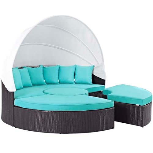 Casafoyer Convene Wicker Rattan Outdoor Patio Retractable Canopy Round Poolside Sectional Sofa Daybed with Cushions in Espresso Turquoise