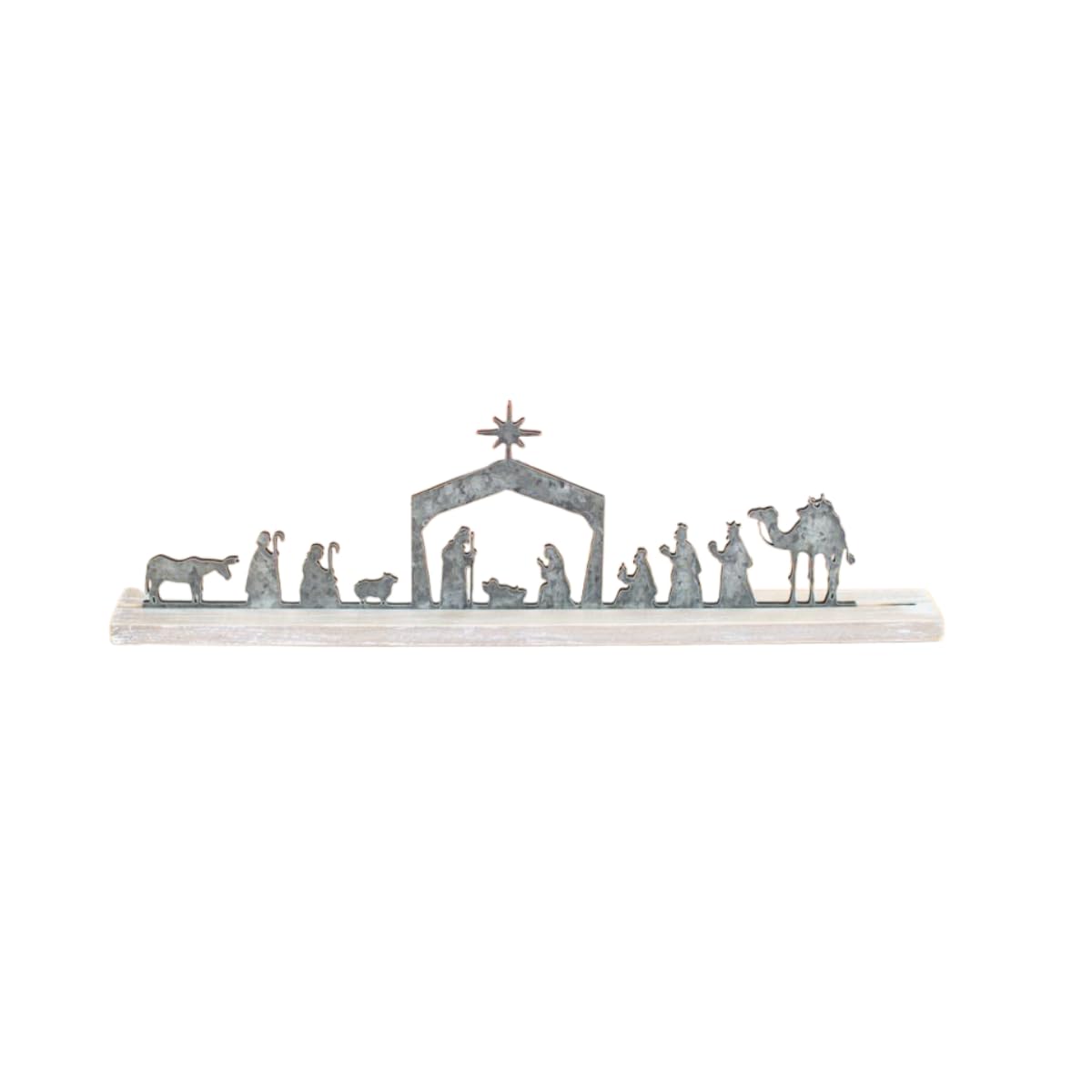 Metal Nativity On A Wooden Stand