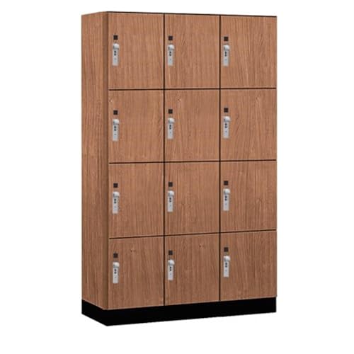 Salsbury 15 Wide Premier Wood Locker-Four Tier-3 Wide-6 Feet High-18” Deep-Red Oak-Silver Hasps