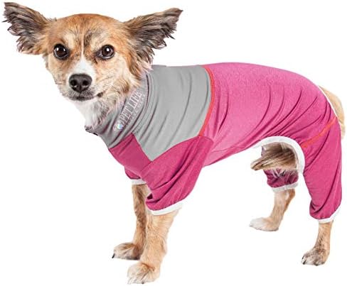 Pet Life  Active Embarker Heathered Performance 4-Way Stretch Two-Toned Full Body Warm Up, Pink And Grey  - X-Large