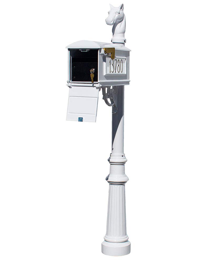 Lewiston Equine Mailbox Post System with Locking Insert, fluted base, horsehead finial and 3 cast aluminum personalized address plates, White