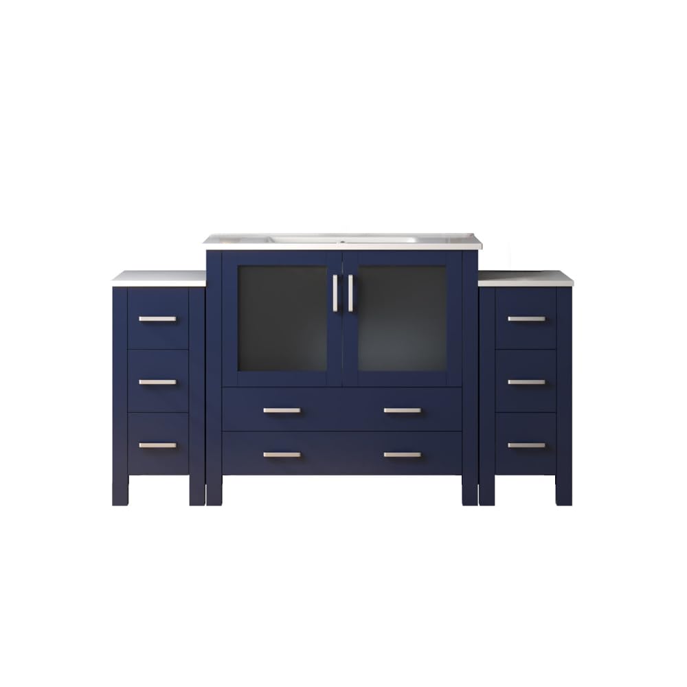 Volez 60 in W x 18.25 in D Navy Blue Double Bath Vanity with Side Cabinets, and White Ceramic Top