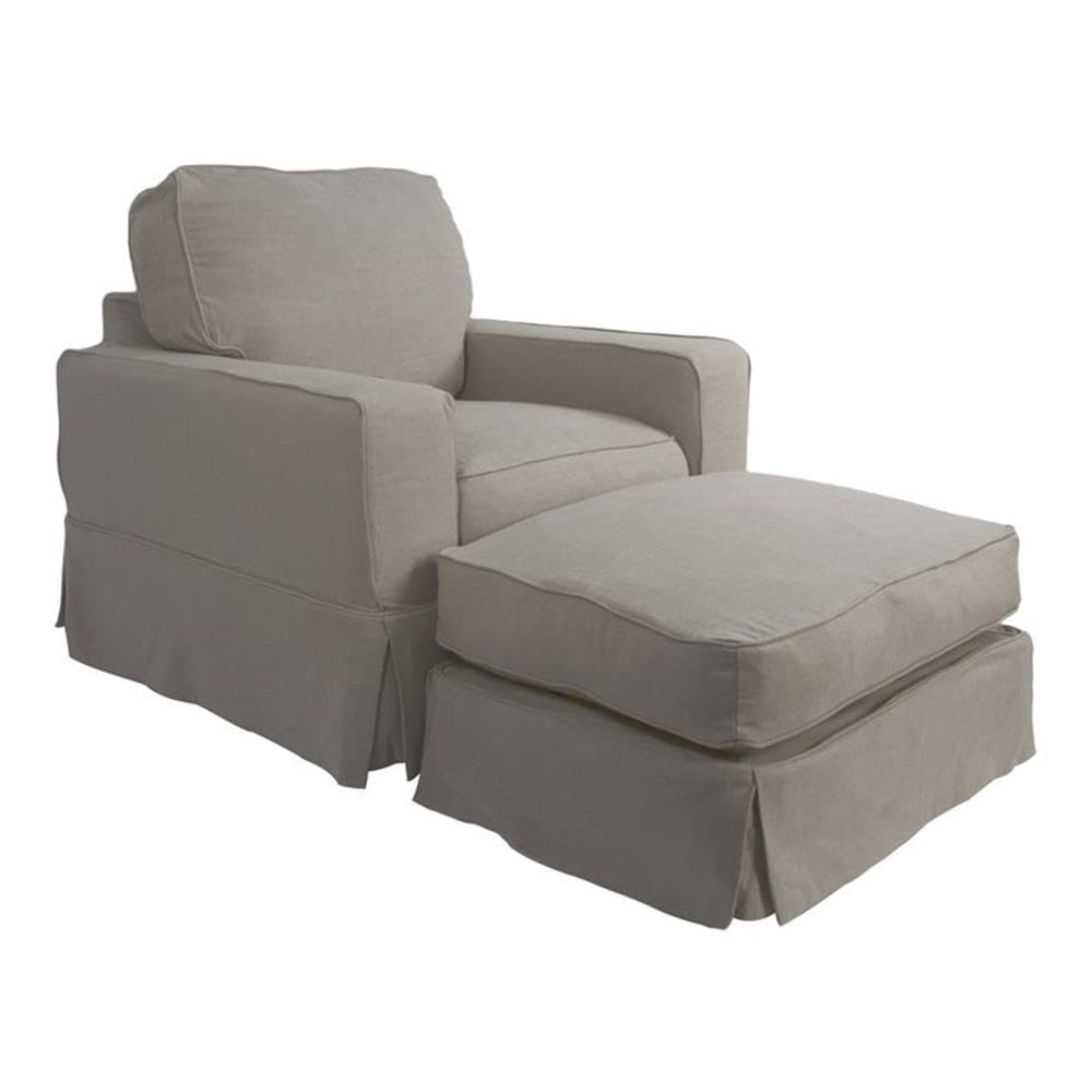Sunset Trading Americana Box Cushion Slipcovered Chair and Ottoman in Light Gray