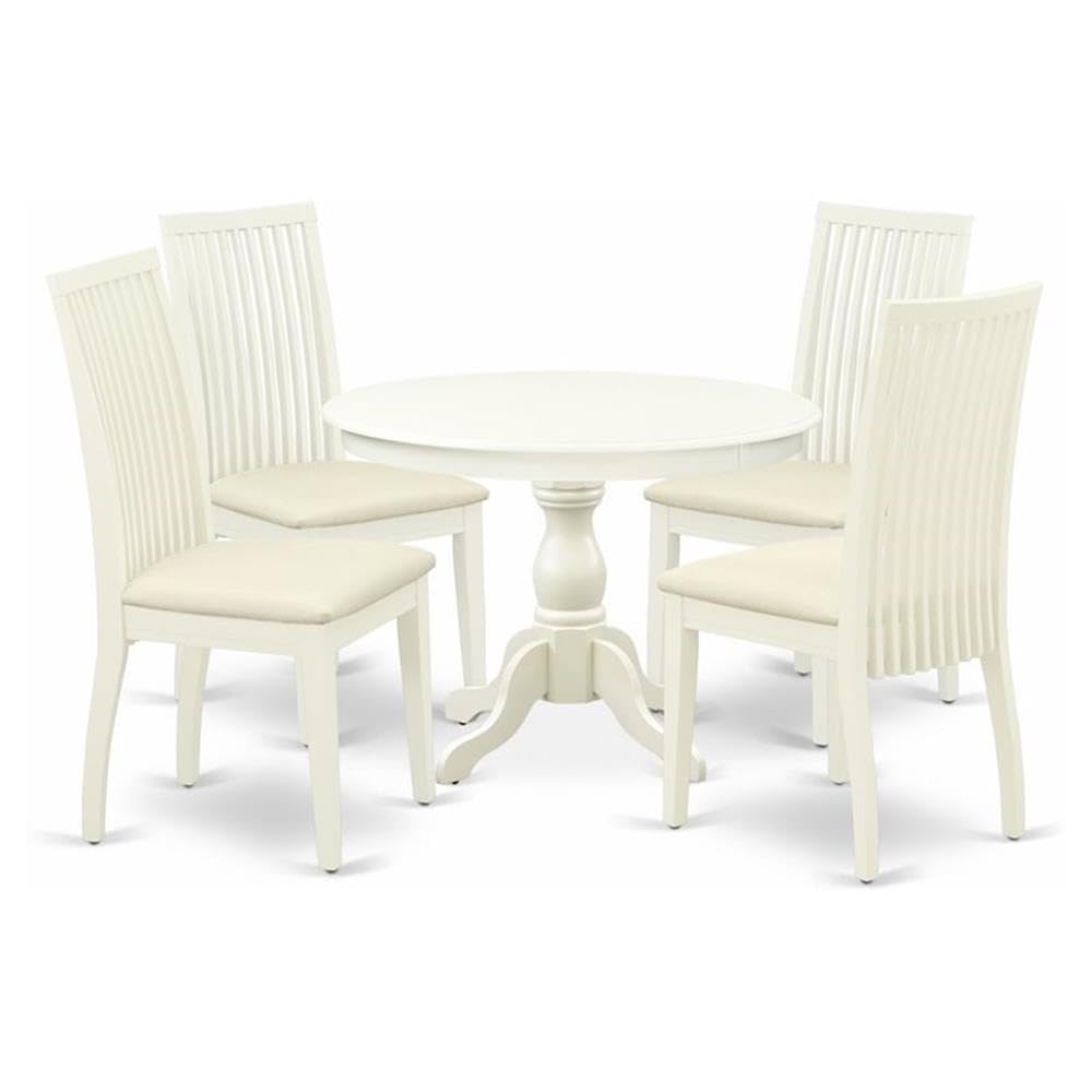 East West Furniture HBIP5-LWH-C 5 Piece Dining Room Table Set - Linen White Small Dining Table and 4 Linen White Chairs for Dining Room with Slatted Back - Linen White Finish
