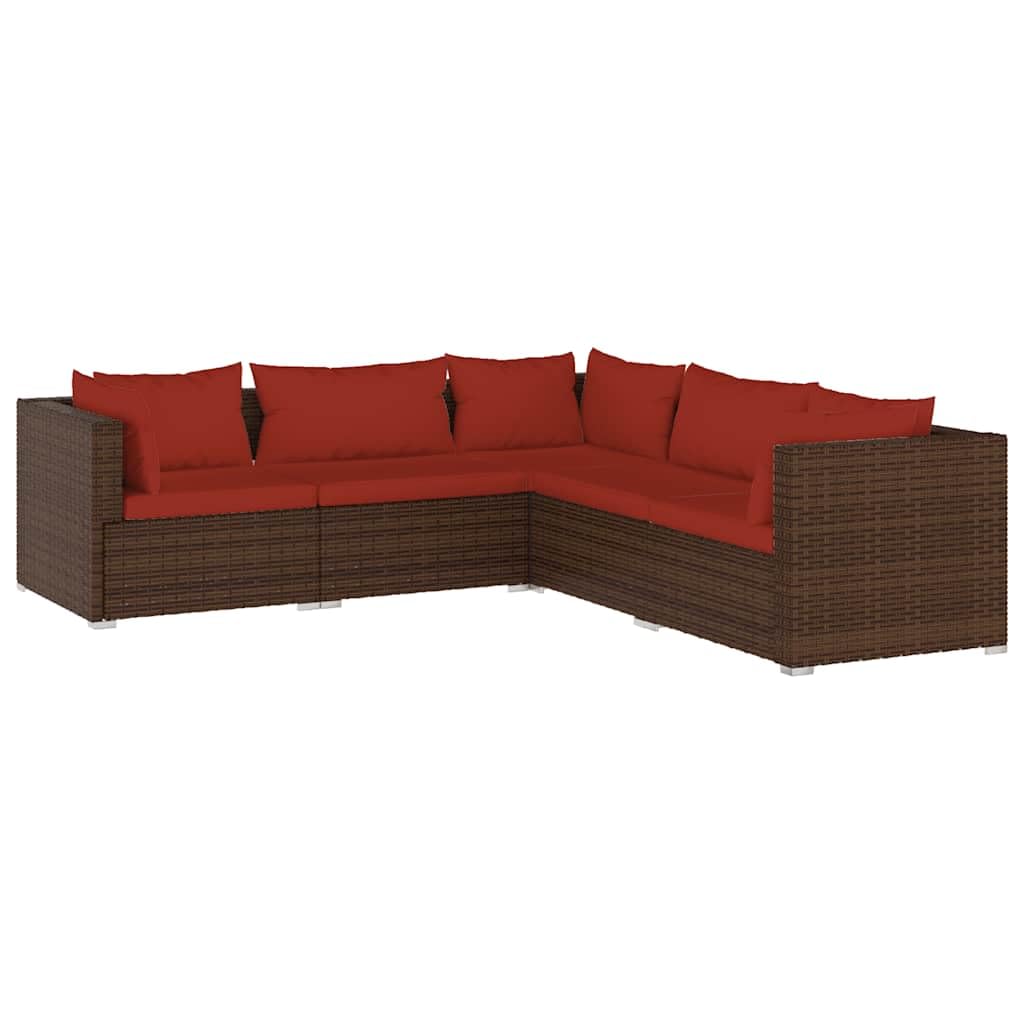 vidaXL 5 Piece Patio Lounge Set with Cushions Poly Rattan Brown