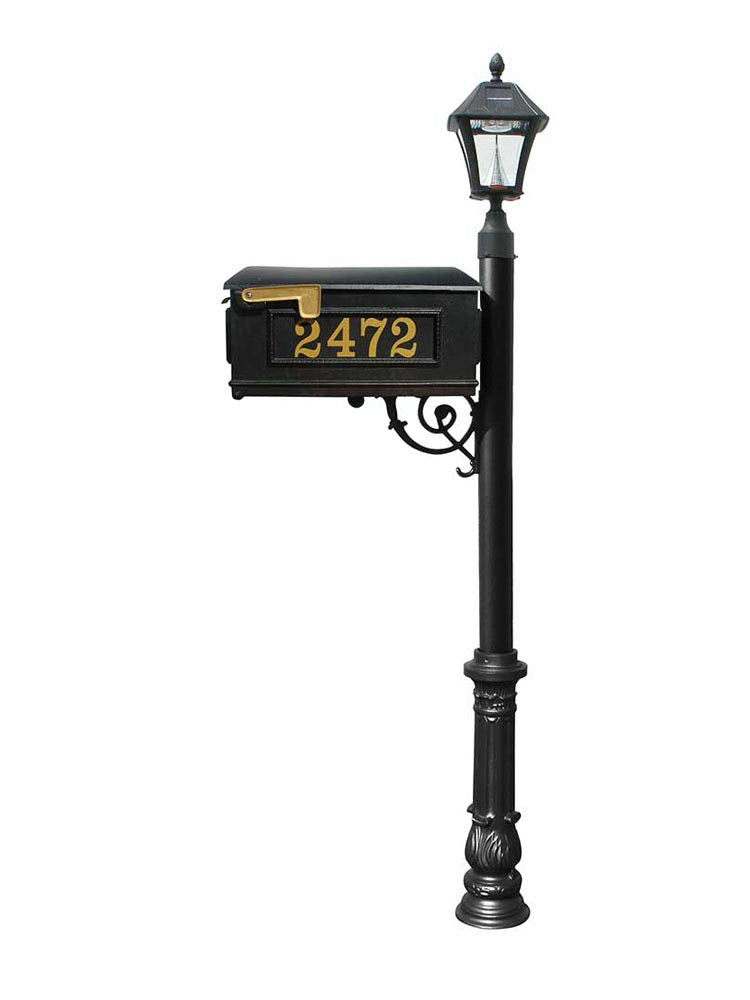 Mailbox, Post in black color, w/ Vinyl numbers on mailbox, black support brace, black ornate base, and black Bayview solar lamp
