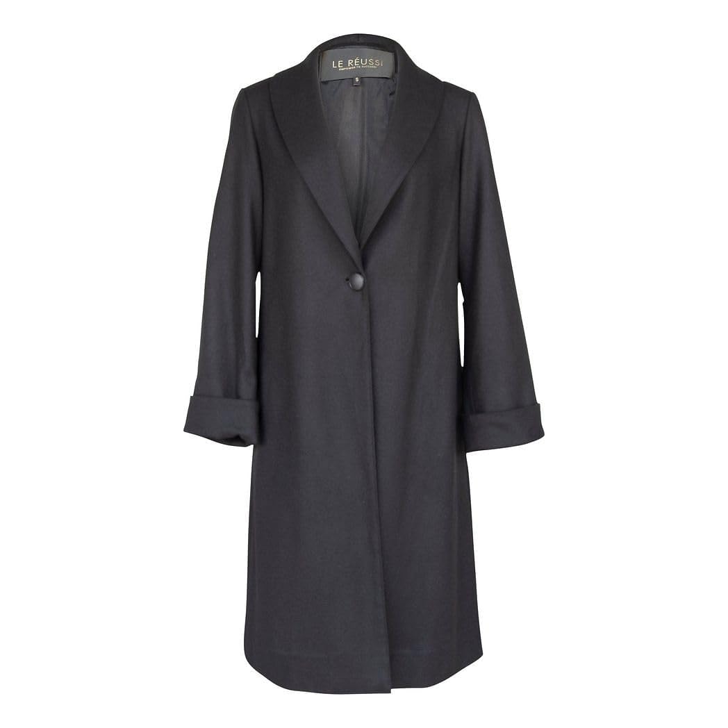 LE REUSSI Worsted Flannel Long Jacket-black - Size: S, Made in USA.