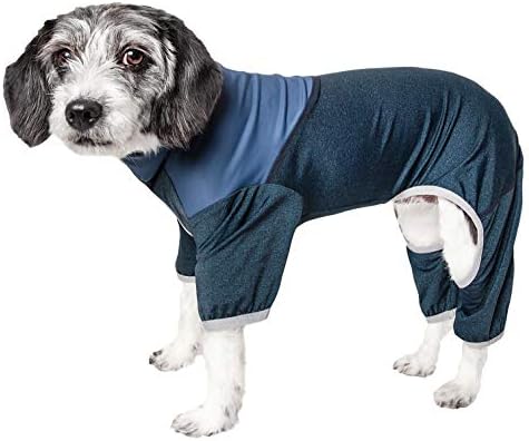Pet Life  Active Embarker Heathered Performance 4-Way Stretch Two-Toned Full Body Warm Up, Teal / Navy - Medium