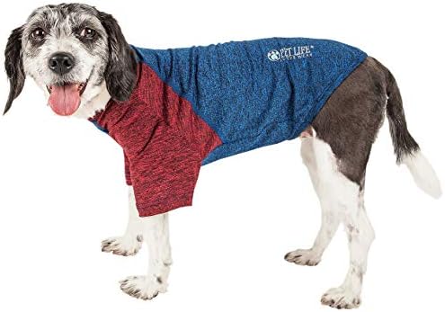 Pet Life  Active Hybreed 4-Way Stretch Two-Toned Performance Dog T-Shirt, Blue W/ Maroon Sleeves - X-small