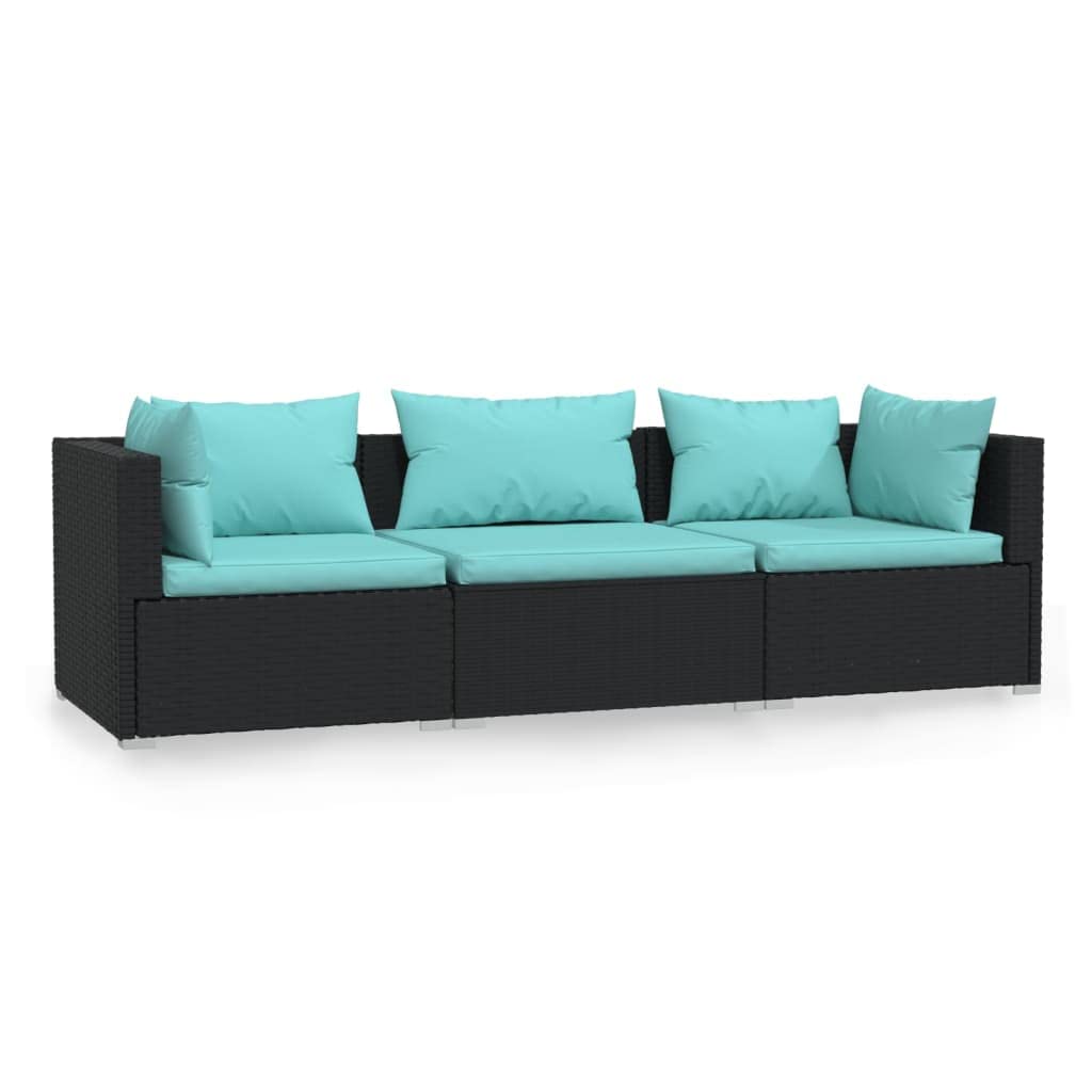 vidaXL 3-Seater Sofa with Cushions Black Poly Rattan