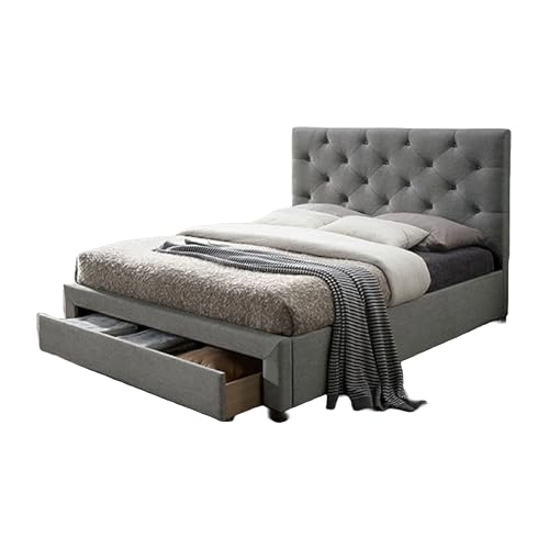 Sya Queen Size Bed w Button Tufted Upholstery, Underbed Storage, Gray