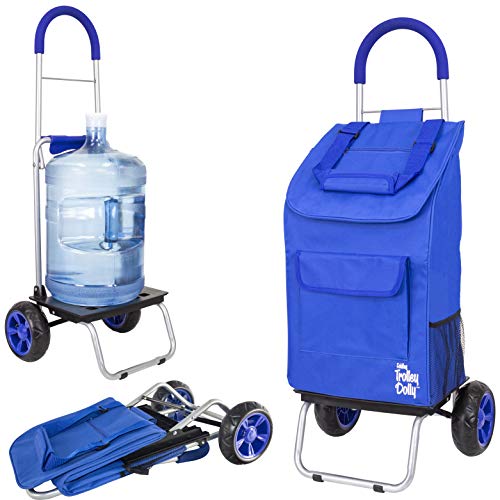Dbest Products Trolley Dolly, Blue Foldable Shopping Cart For Groceries With Wheels And Removable Bag And Rolling Personal Handt