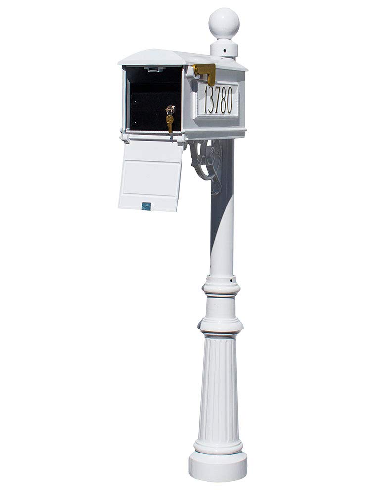 Lewiston Equine Mailbox Post System with Locking Insert, fluted base, ball finial and 3 cast aluminum personalized address plates, White