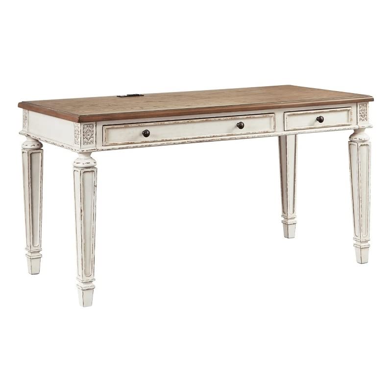 Benjara Transitional Wooden Office Desk With Carvings And Drawers, Brown And White