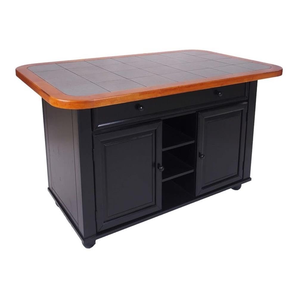 Sunset Trading Antique Black Kitchen Island | Cherry Trim and Gray Tile Top