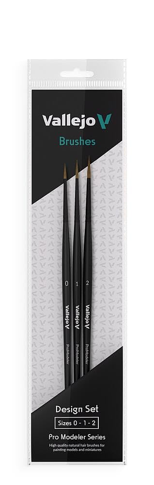 Vallejo - Pro Modeler Desing Set | Hobby Brush Kit | Flagged Synthetic Bristles | Sizes 0, 1, and 2 | Lightweight and Ergonomic Wooden Handles | Ideal for Acrylic Detail Work