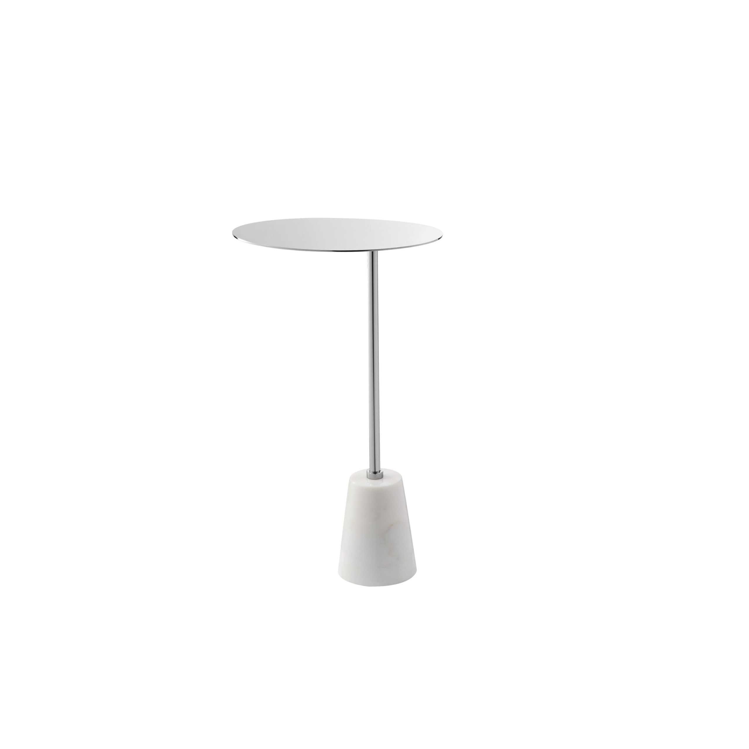 Frank 12 Inch Drink Side End Table, Chrome Top, White Marble Solid Base