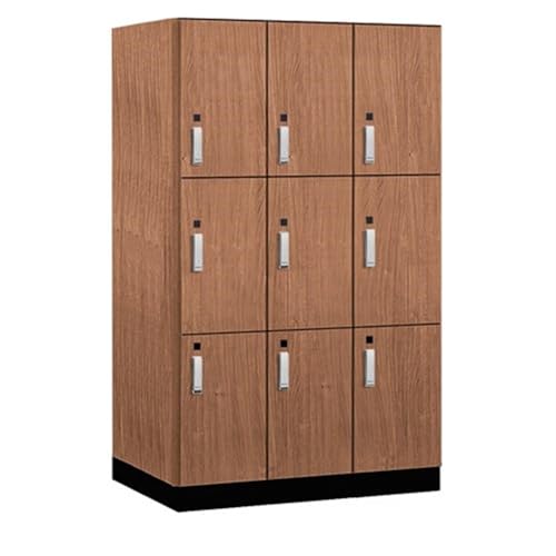 Salsbury 15 Wide Premier Wood Locker-Triple Tier-3 Wide-6 Feet High-24” Deep-Red Oak-Silver Electronic Locks