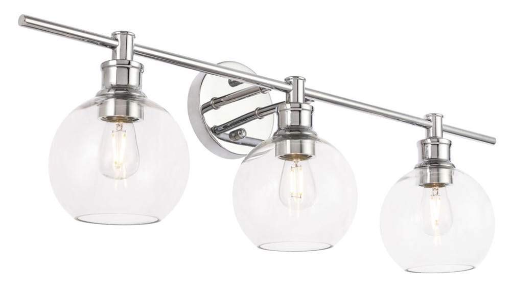Living District Collier Industrial Mid-Century Modern 3 Light Entryway And Bathroom Wall Sconce In Chrome And Clear Glass