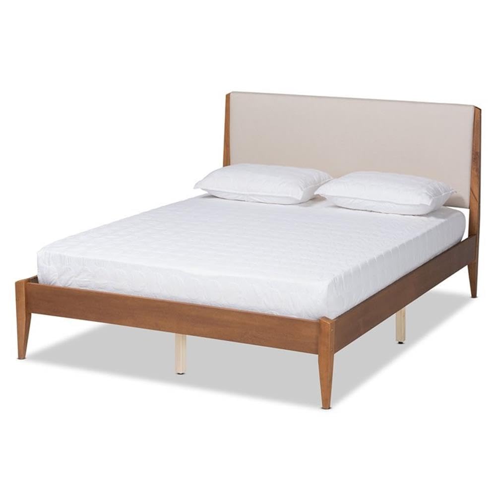 Baxton Studio Lenora Mid-Century Modern Beige Fabric Upholstered And Walnut Brown Finished Wood Full Size Platform Bed