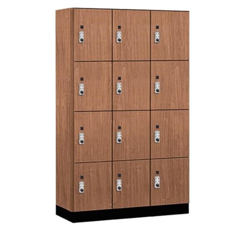 Salsbury 15 Wide Premier Wood Locker-Four Tier-3 Wide-6 Feet High-18” Deep-Red Oak-Silver Resettable Combination Locks