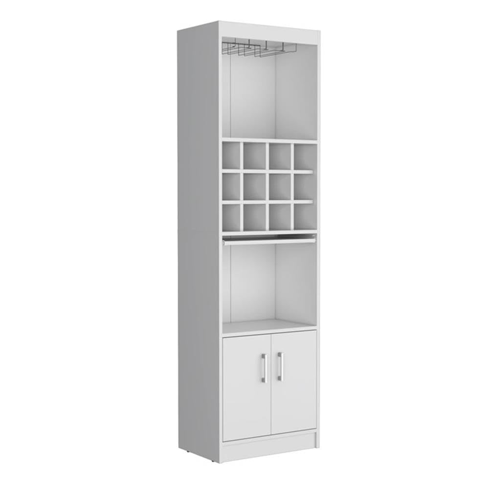 Kevil 71-Inch Tall Bar Cabinet 5-Tier Modern Bar Cabinet with Glass Holder Stemware Rack, Wine Cabinet, Liquor Cabinet, 12 Bottle Cubbies, 5 Shelves, and Pull Out Tray White