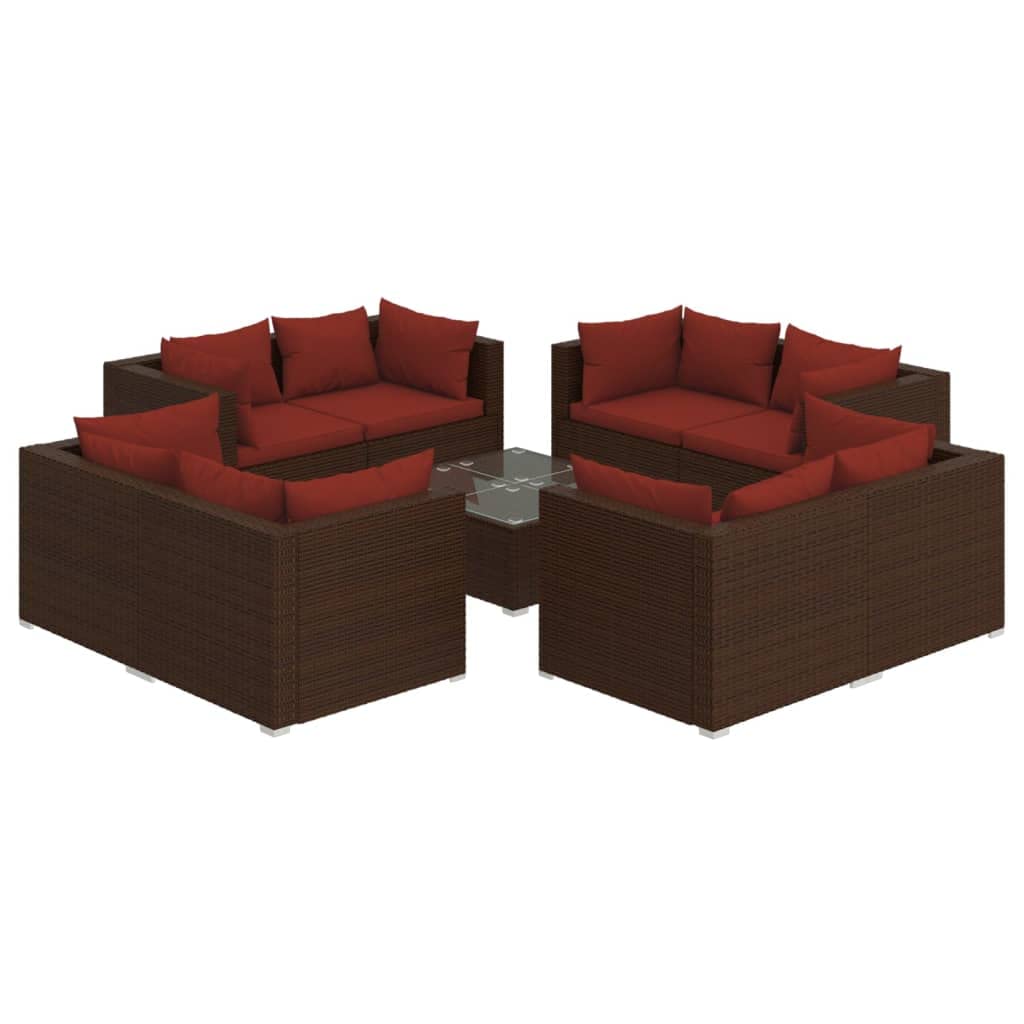vidaXL 9 Piece Patio Lounge Set with Cushions Poly Rattan Brown