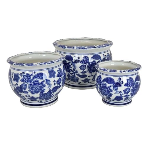 3pc Modern Planter, Japanese Inspired Art Design, Blue White Ceramic