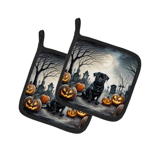 Black Pug Spooky Halloween Pair of Pot Holders