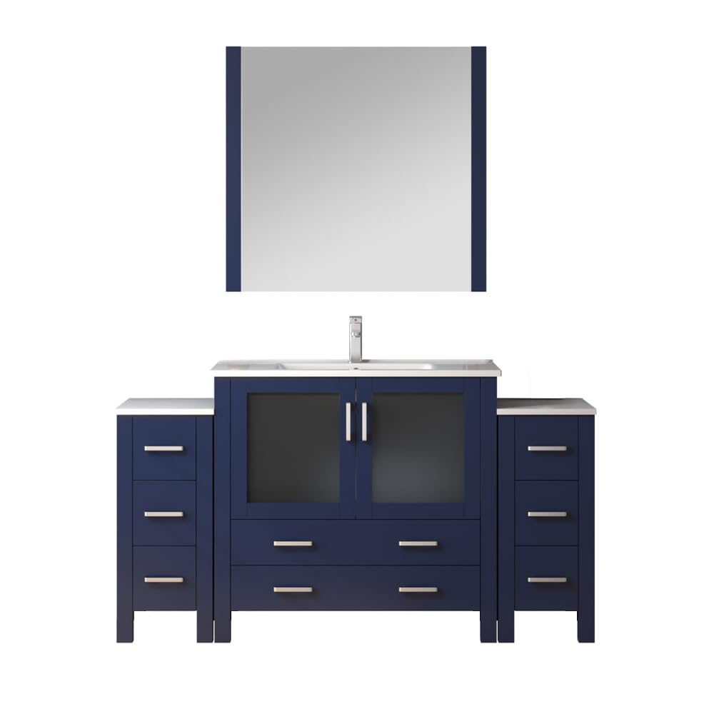 Volez 60 in W x 18.25 in D Navy Blue Bath Vanity with Side Cabinets, Faucet Set, White Ceramic Top, and 34 in Mirror