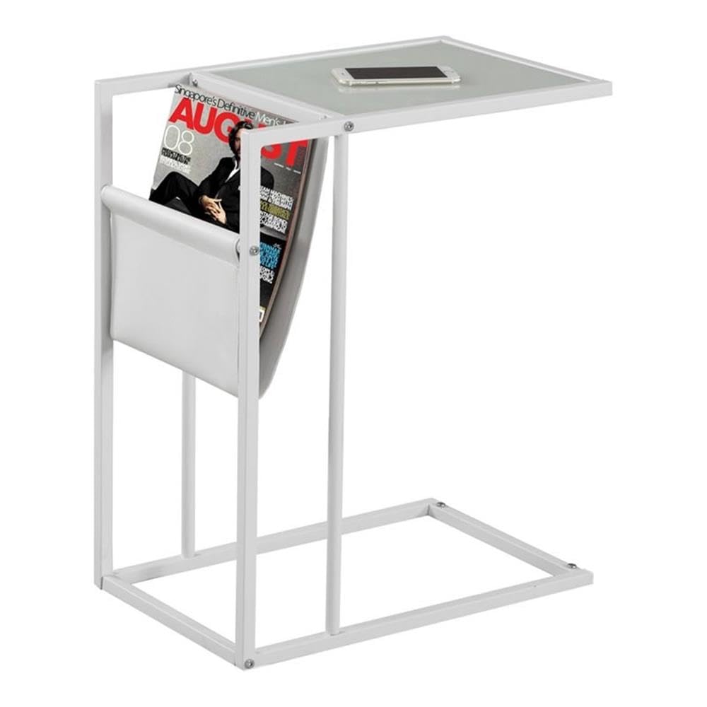 Accent Table, C-Shaped, End, Side, Snack, Magazine Storage, Living Room, Bedroom, Metal, Pu Leather Look, Tempered Glass, White, Contemporary, Modern