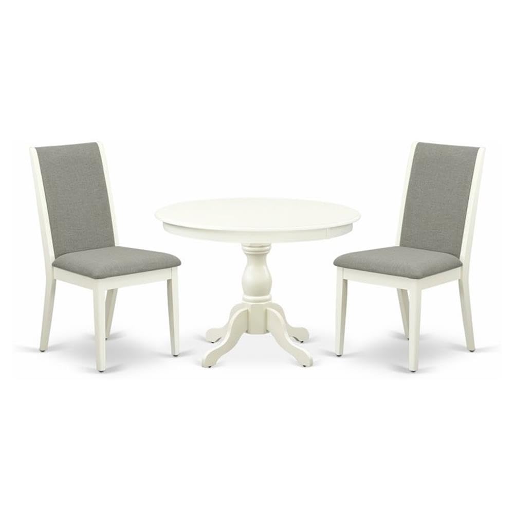 East West Furniture HBLA3-LWH-06 3 Piece Dining Room Set - Linen White Round Dining Table and 2 Shitake Linen Fabric Modern Chairs with High Back - Linen White Finish