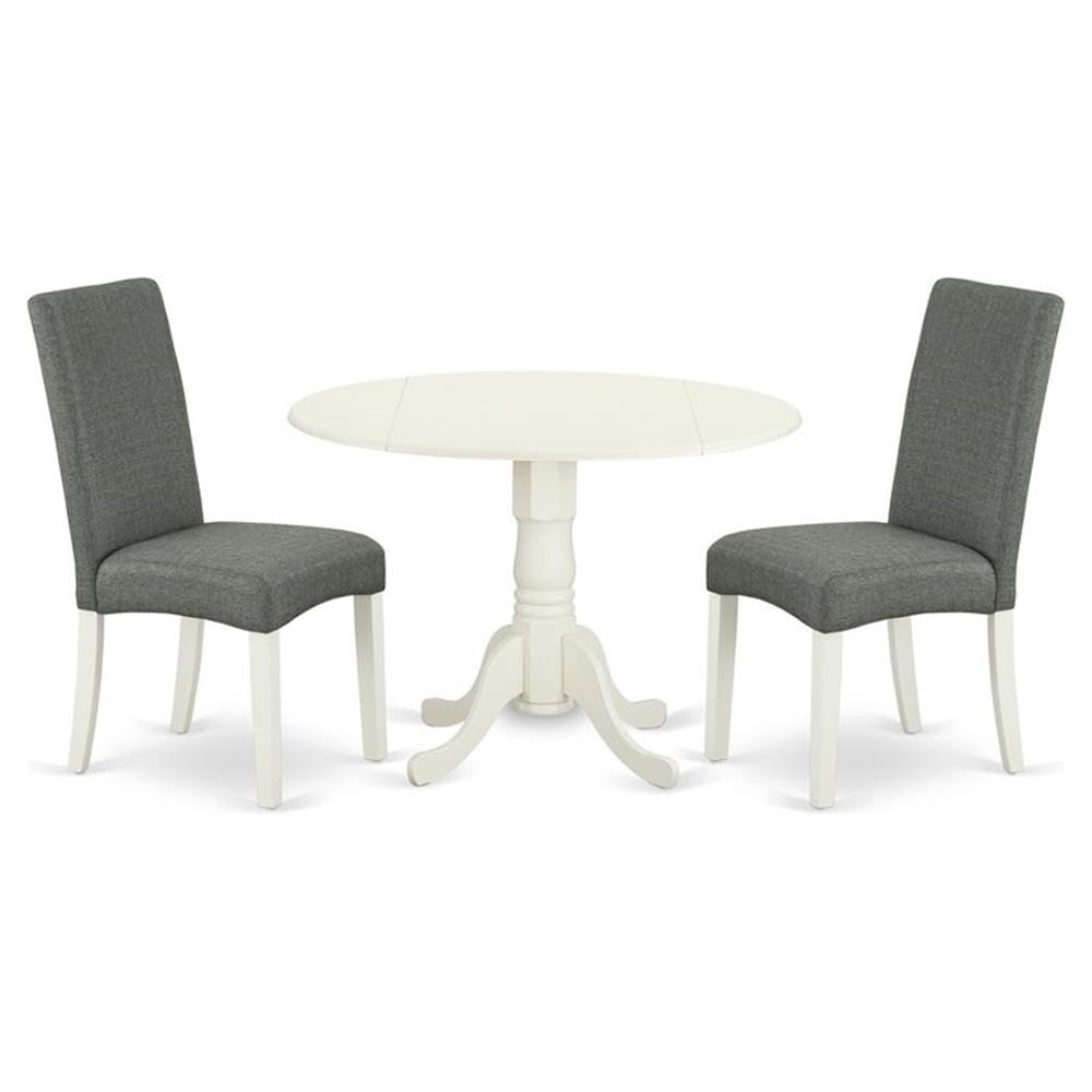 DLDR3-LWH-07 3Pc Round 42 Inch Dining Table With Two 9-Inch Drop Leaves And Two Parson Chair With Linen White Finish Leg And Linen Fabric- Gray Color