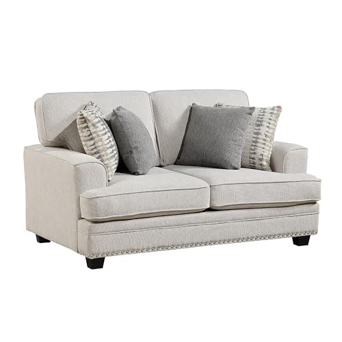 Brady Loveseat with 4 Pillows, Sand Brown Chenille, Nailhead, 66 Inch