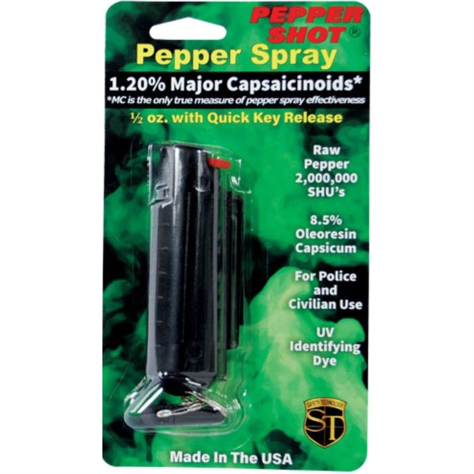 Pepper Shot 1.2% MC 1/2 oz pepper spray hard case belt clip and quick release keychain black