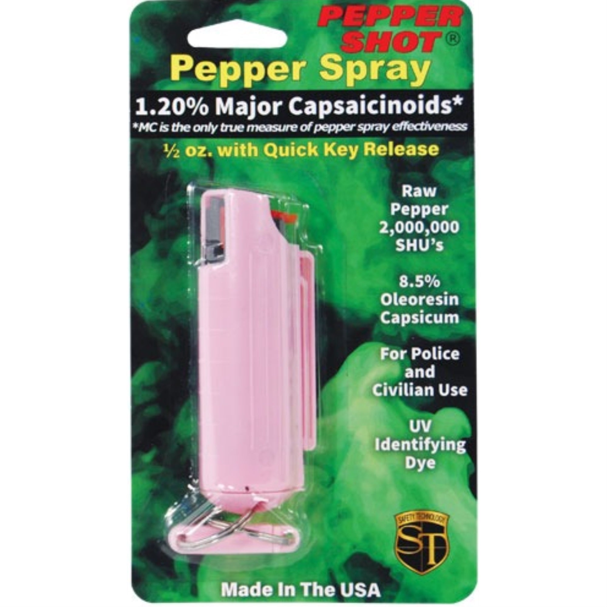 Pepper Shot 1.2% MC 1/2 oz pepper spray hard case belt clip and quick release keychain pink