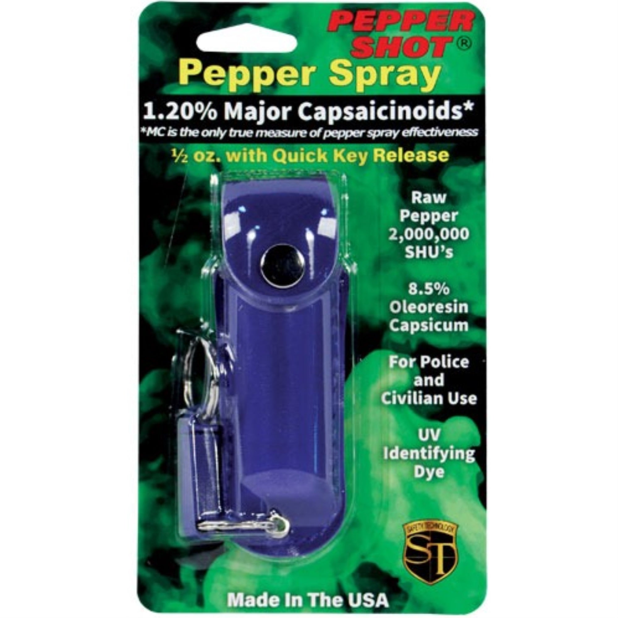 Pepper Shot 1.2% MC 1/2 oz pepper spray leatherette holster and quick release keychain blue