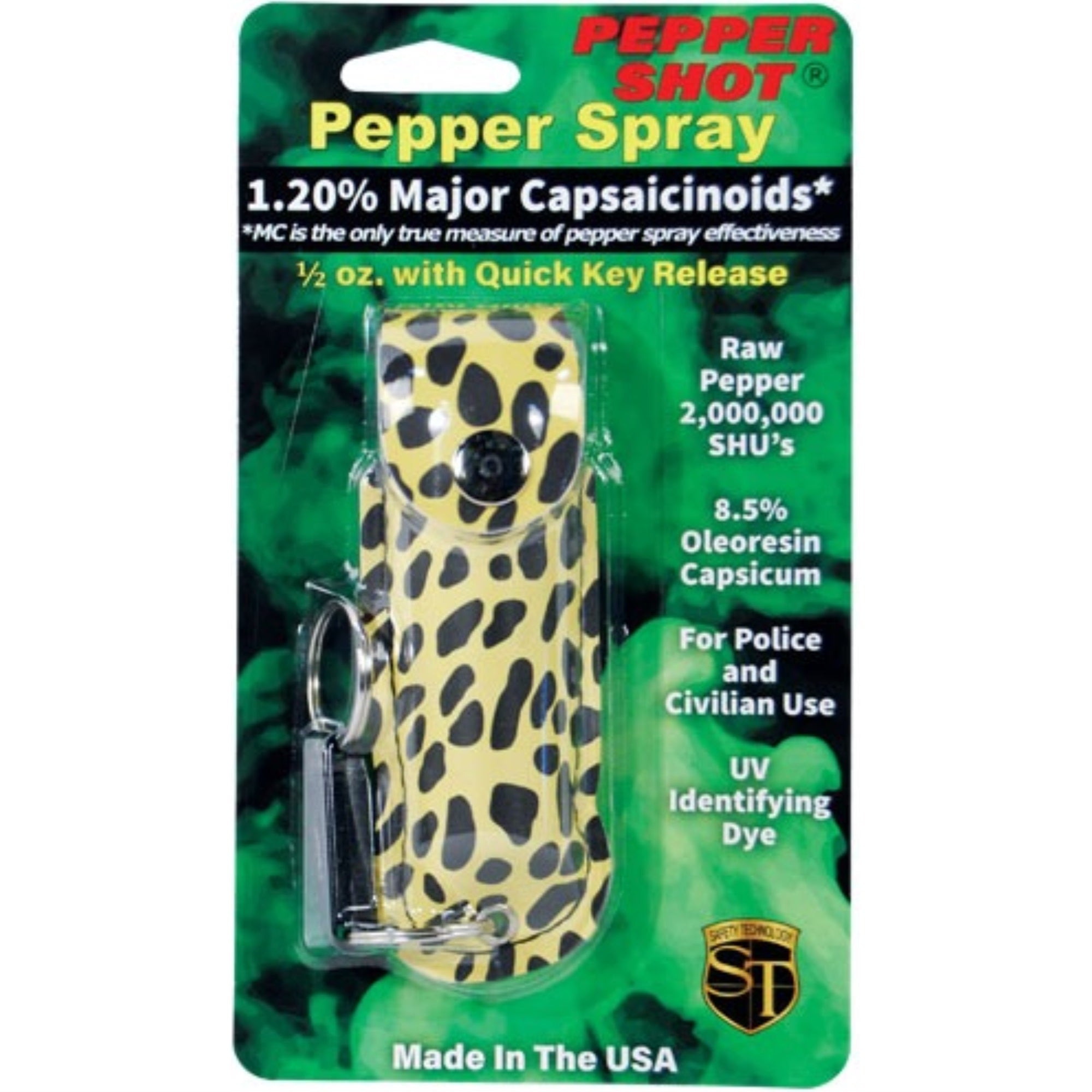 Pepper Shot 1.2% MC 1/2 oz pepper spray fashion leatherette holster and quick release keychain cheetah black/yellow