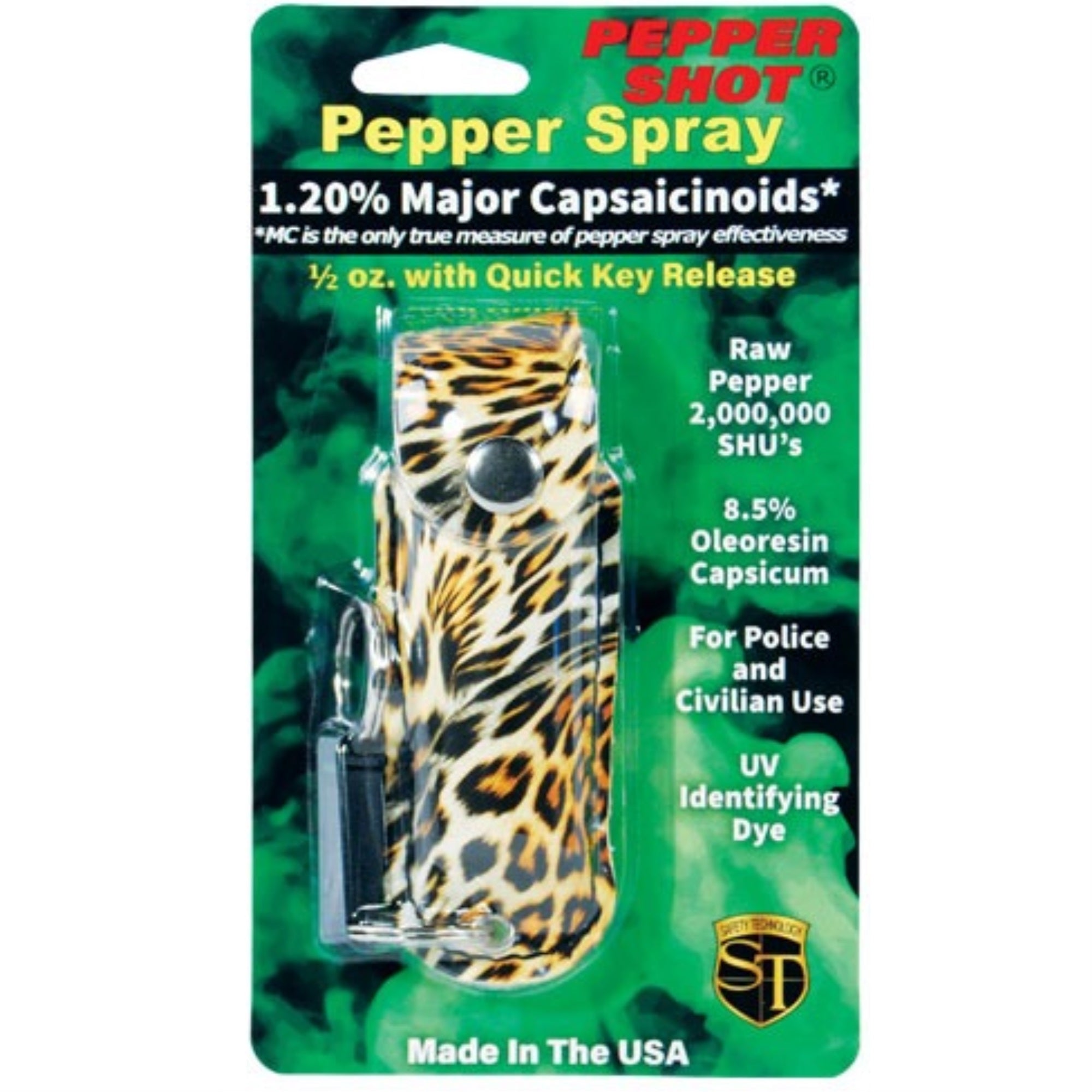 Pepper Shot 1.2% MC 1/2 oz fashion leatherette holster and Quick Release Key Chain leopard black/orange
