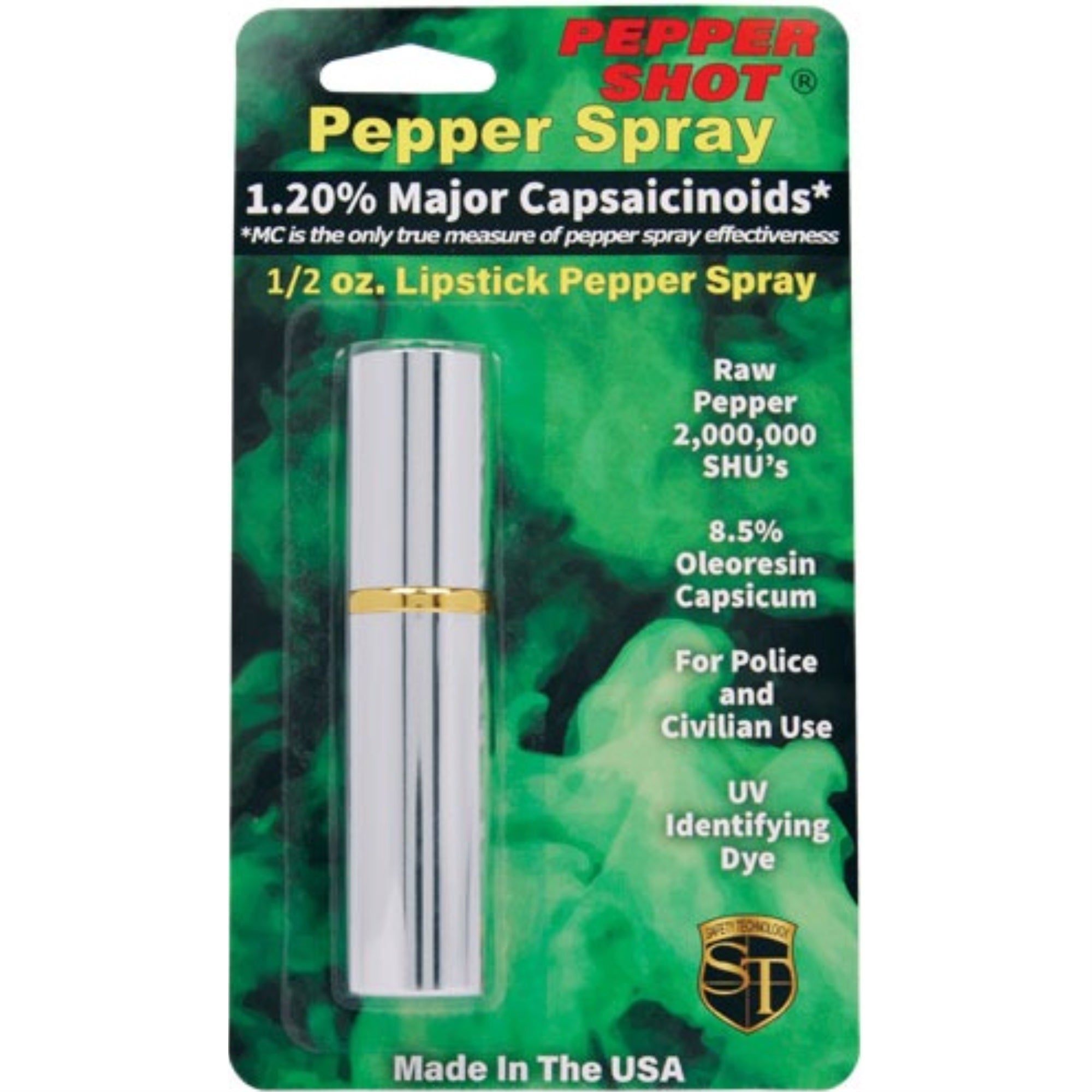 Pepper Shot 1.2% MC 1/2 oz lipstick pepper spray silver